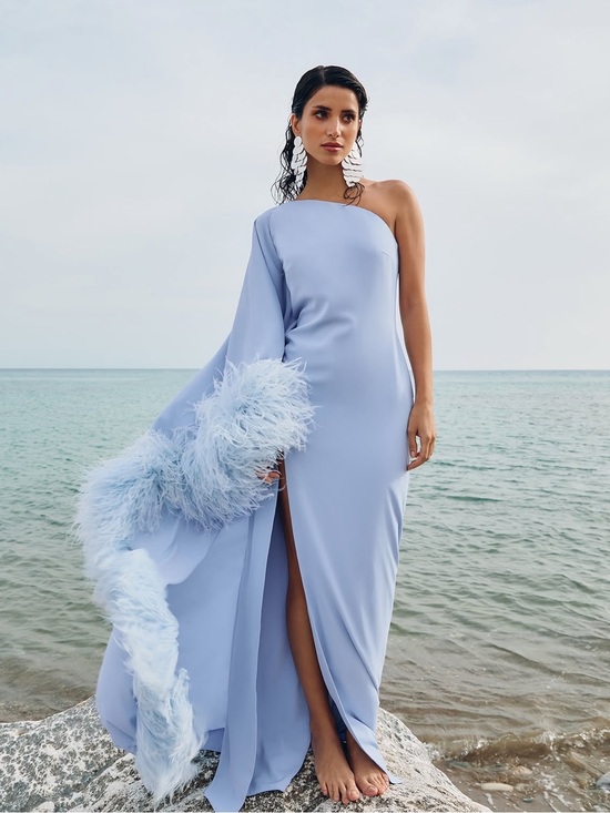 Blazy Shower Dresses & Skirts - One-Shoulder Feather-Trim Gown in Pale Blue